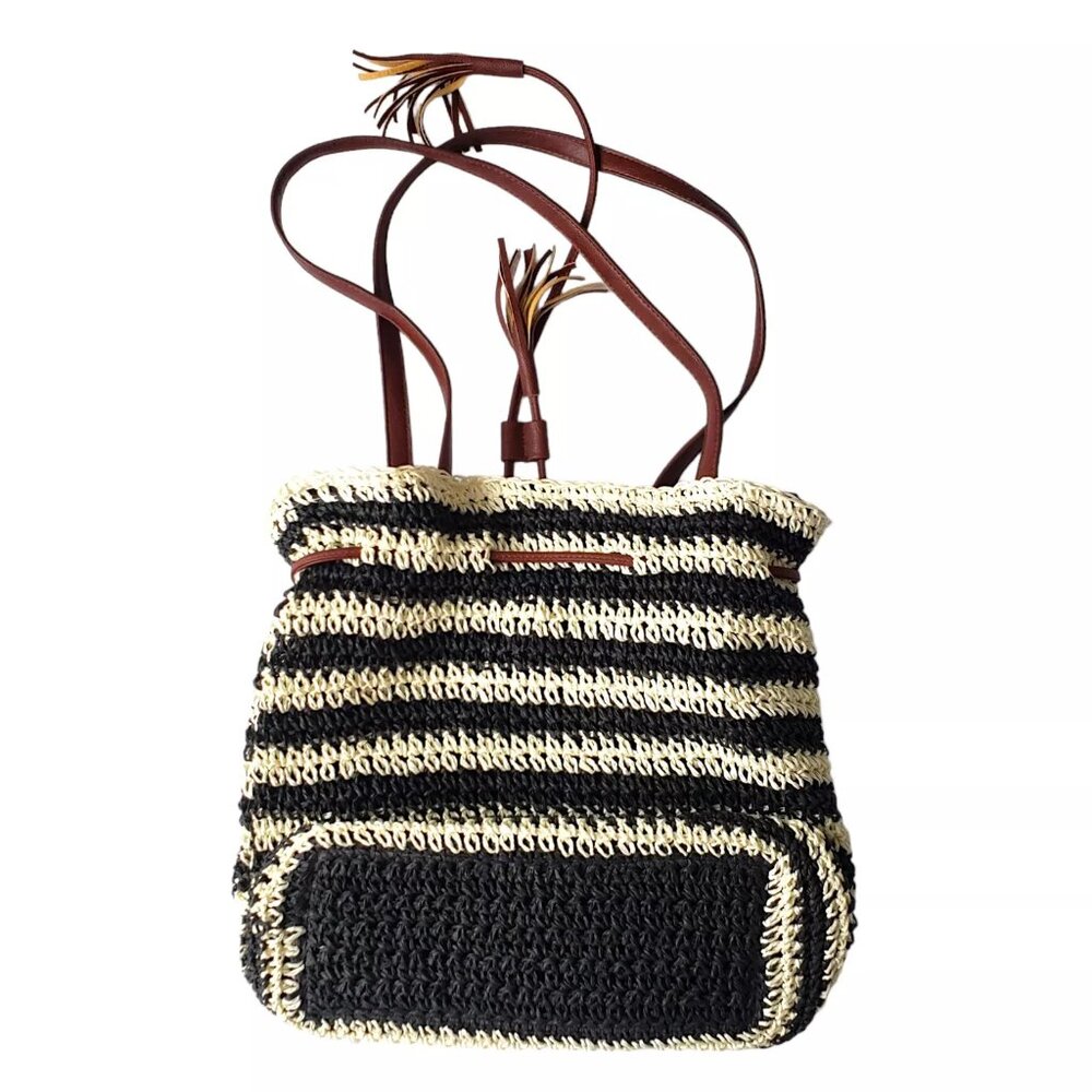 Nora Everyday Striped Drawstring 100% Paper Shoulder Bag Boho Beachy Summer - Picture 3 of 13